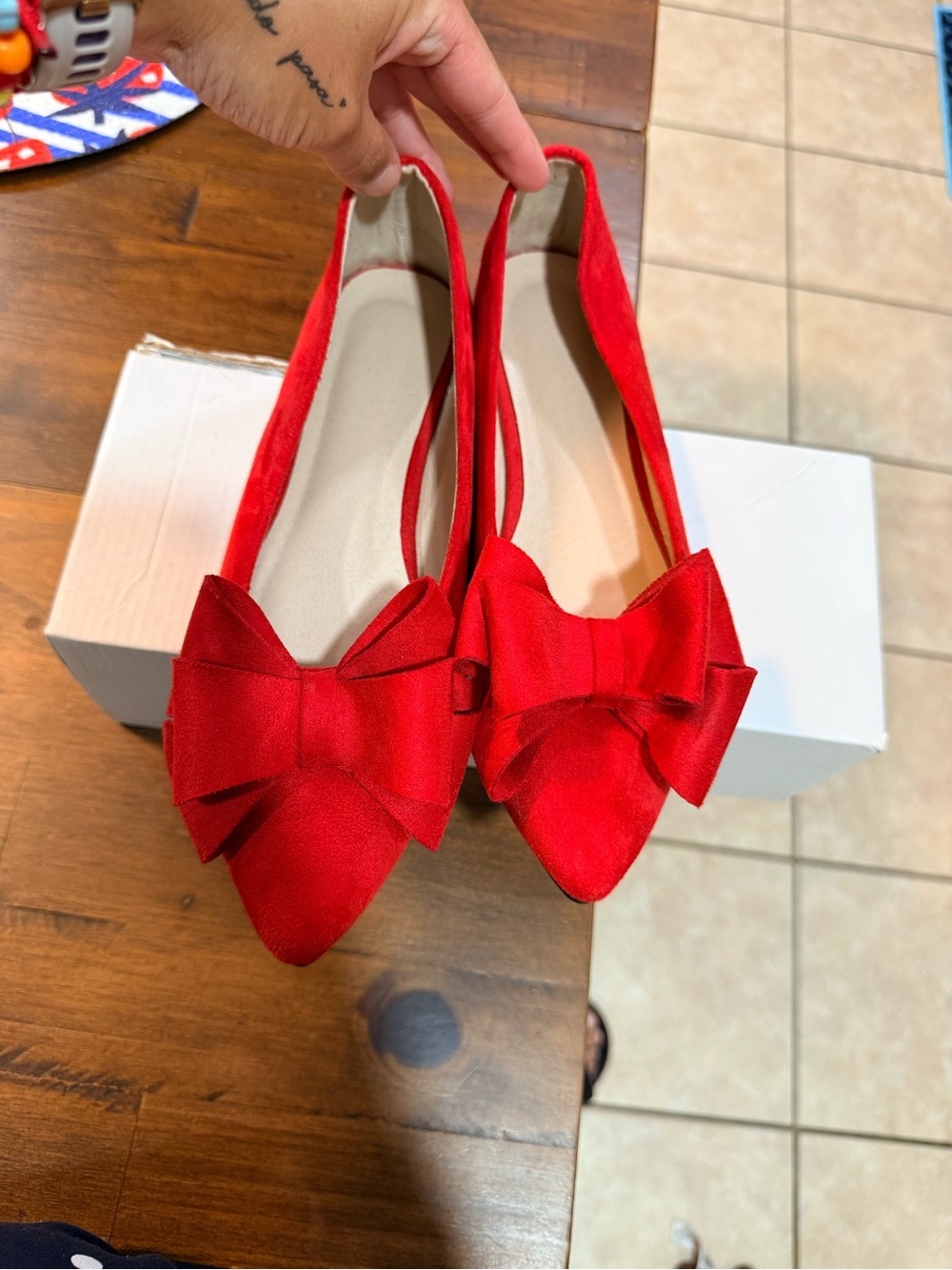 Red Bow Ballet Flats - Women's Suede Slip-On - Picture 2 of 3